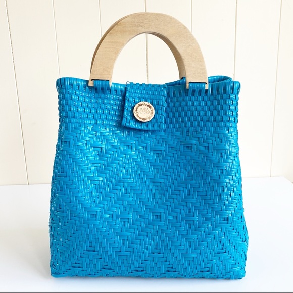 NWT Maria Victoria Elva Turquoise Blue Woven PVC Handbag Tote Mexico - Picture 2 of 15